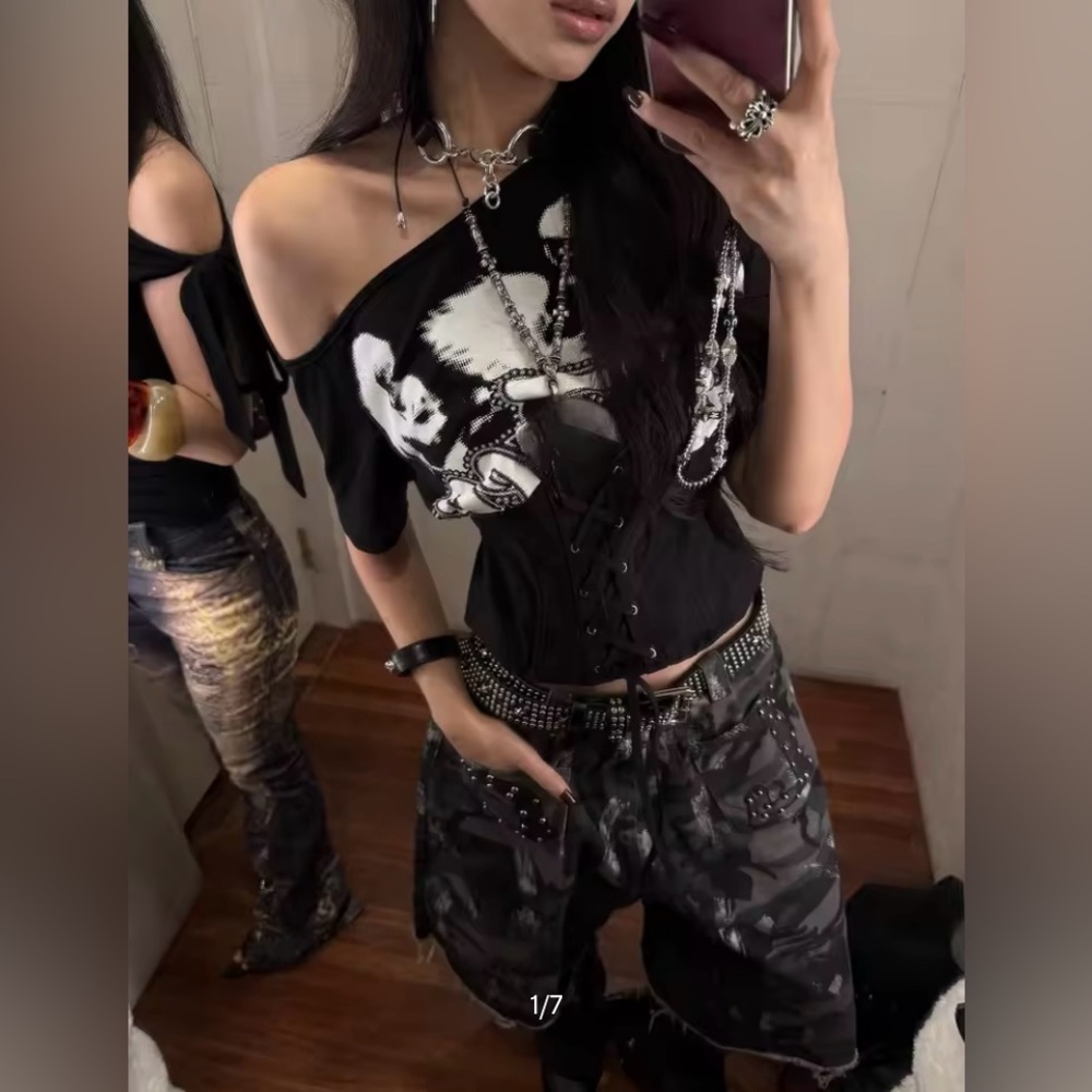 One-Shoulder Graphic Corset-Style Tie Up Top